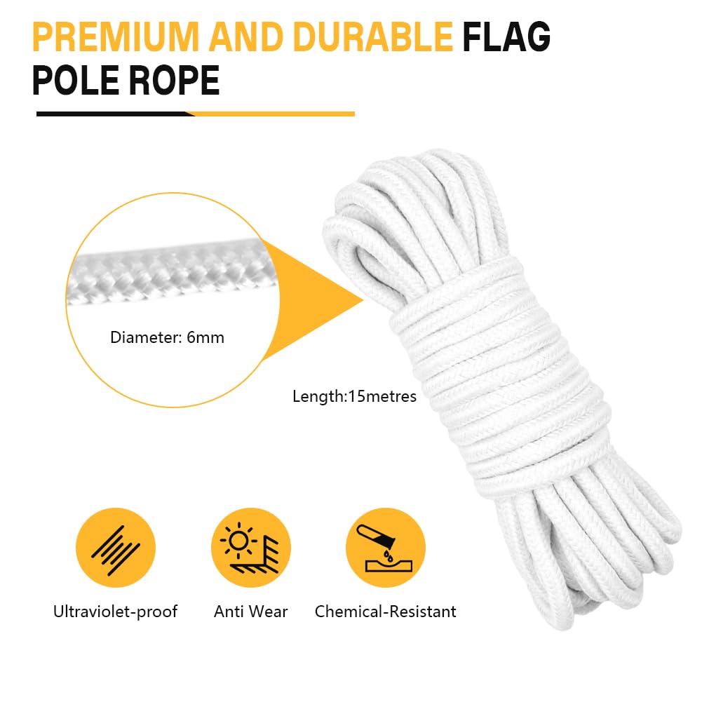 Kit d'accessoires pour mât de drapeau - Kit de réparation pour mât de 5,1 cm de diamètre - Avec boule, corde de 15 m, 4 mousquetons, cheville, surmatelas avec poulie pour décoration de jardin