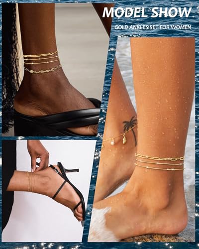 Image of ZHESHY Gold Silver Ankle Bracelets for Women 14K Gold Plated Anklets for Women Waterproof Cuban Link Heart Chain Anklets Set Non Tarnish Dainty Layered Anklet Bracelets for Women Summer Beach Jewelry