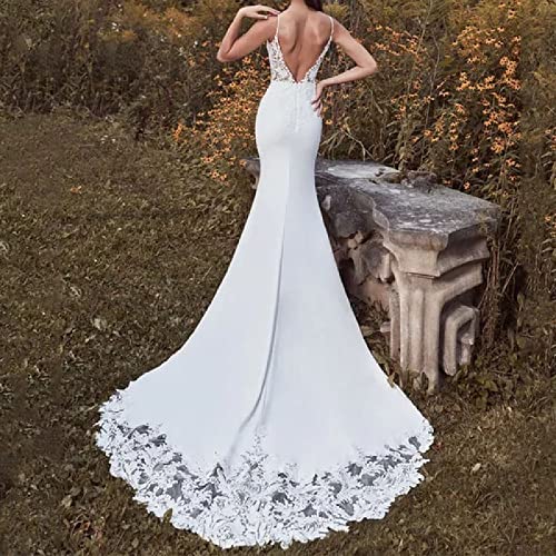 Robes de mariée sirène satin galbant avec décolleté plongeant et dentelle sexy - 3