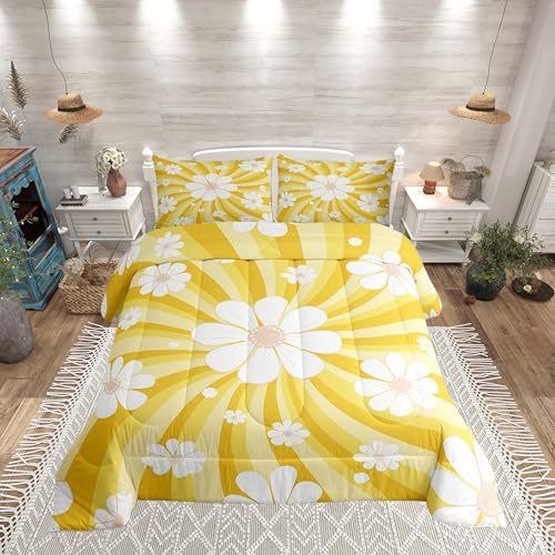 Castle Fairy Girls Cartoon Flowers Twin Size Comforter Set,Kids Yellow Stripes Decor All Season Bedding Set,Teens Daisy Comforter,Children Abstract Flowers Decor Quilt Set Bedroom Collection 2Pcs