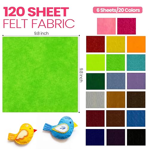 Image of Moukeren 120 Pcs 9.8 X 9.8 Inch Felt Sheets, 20 Colors | Stiff Fabric Squares Ideal Craft Sewing, DIY Patchwork Projects, Nonwoven Material, Bulk Supply Holiday and Festival Decor