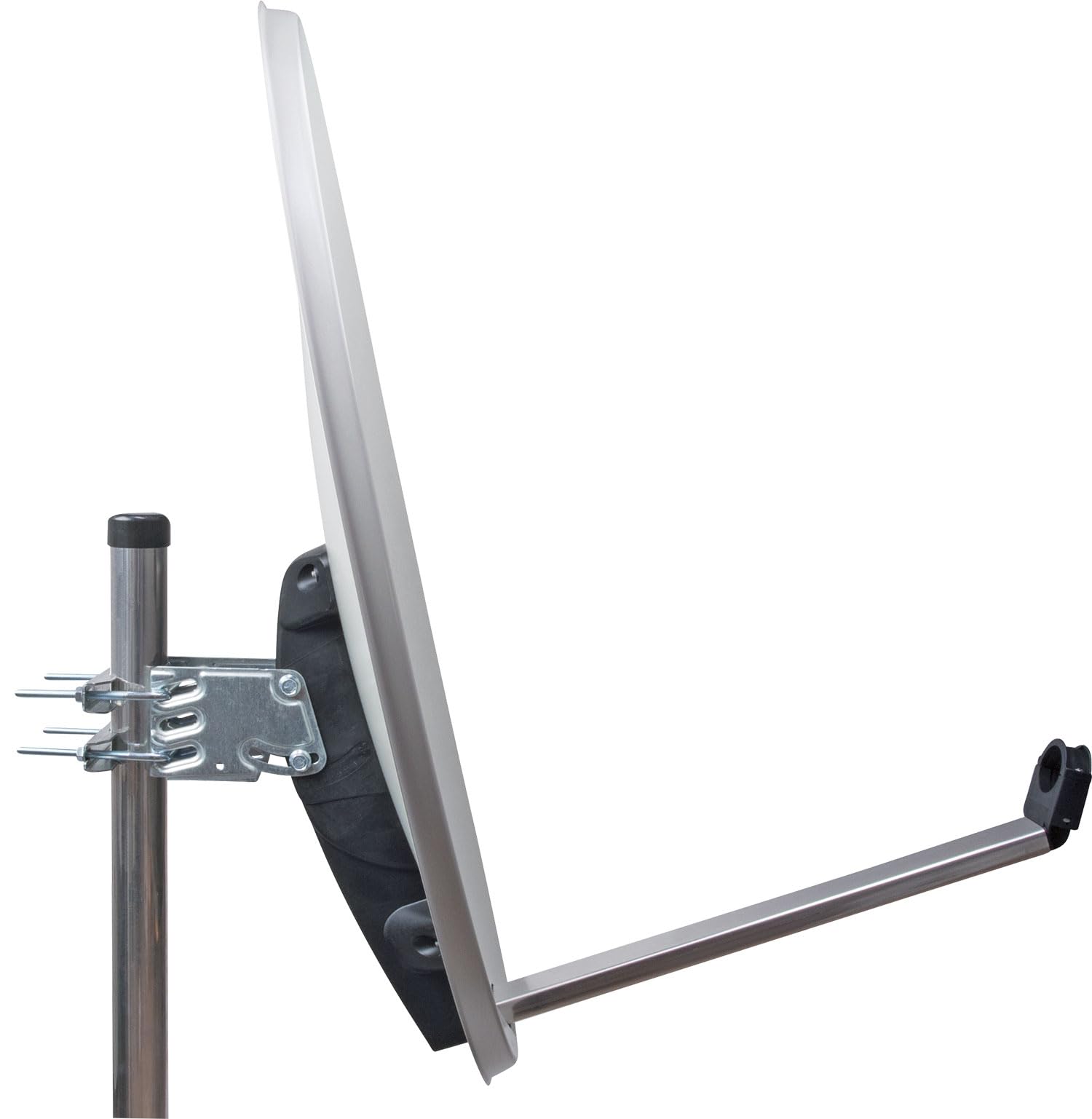 Antena para televisión digital vía satélite Schwaiger 714166 (75 x 85 cm) con brazo de carga LNB y mástil, antracita, espejo de acero – para recepción de DVB-S/S2 en Full HD, 3D y 4K (Ultra HD)