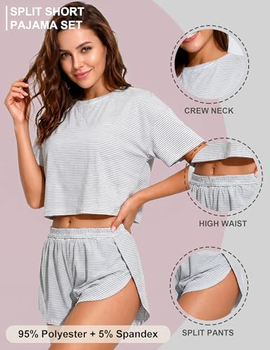 Image of Split Short Pajama Set Soft Women's Striped Pajama Sleeve Tee & Elastic Waist Shorts Summer Lounge Sleepwear