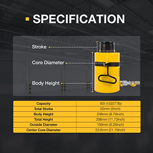 Image of Hydraulic Jack Ram 60T 2 inch Stroke Hollow Single Acting Hydraulic Ram Cylinder Hydraulic Lifting Jack Portable for Machinery, Bridge, RCH-6050