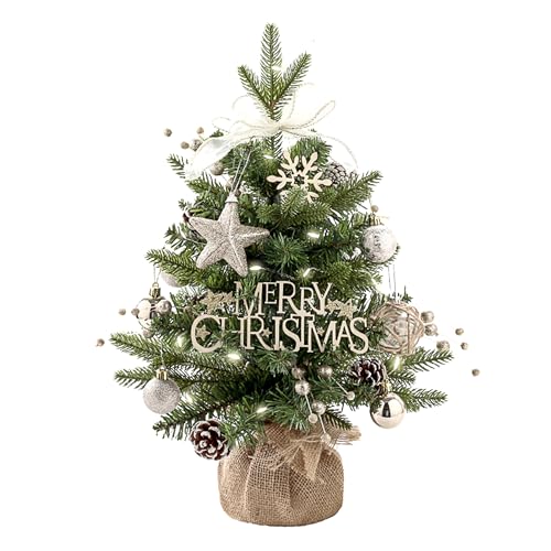 18 Inch Small Table Top Artificial Christmas Tree with LED Lights & Ball Ornament & Music Box, Mini Tabletop Battery Operated Xmas Tree for Holiday Home Desk Indoor DIY Christmas Decor (Green)