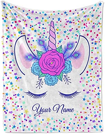 Jekeno Personalized Custom Unicorn Blanket with Name Floral Gifts for Kids Girls Toddler Birthday Christmas Souvenir Home Bedroom Decor Soft Cozy Lightweight Flower Throw Blankets 50"x60"