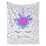 Jekeno Personalized Custom Unicorn Blanket with Name Floral Gifts for Kids Girls Toddler Birthday Ch