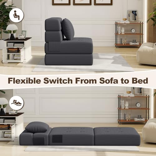 Folding Sofa Bed, Convertible Sleeper Chair & Couch Bed with Pillow, One-Piece High-Density Sponge Mattress, Multi-Purpose Corduroy Floor Sofa for Living Room, Office, Apartment, Grey, Single by Voxelure - Image 7
