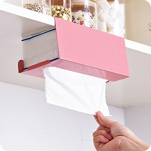 Cabinets Kitchen Hanging Paper Towel Rack Holder,Iron Tissue Box Cover Storage Rack (Light Pink)