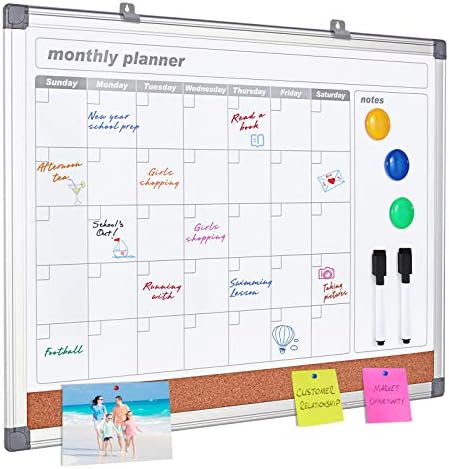 MAKELLO Monthly Calendar Whiteboard Dry Erase Cork Board Combo for Office, Classroom, Kitchen and Bedroom, 60x45cm