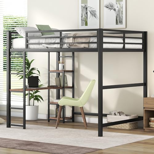 Harper & Bright Designs Full Size Loft Bed With Desk and Storage Shelves, Metal Frame, Built-in Ladder, Space Saving Design for Teens Boys Girls, Black