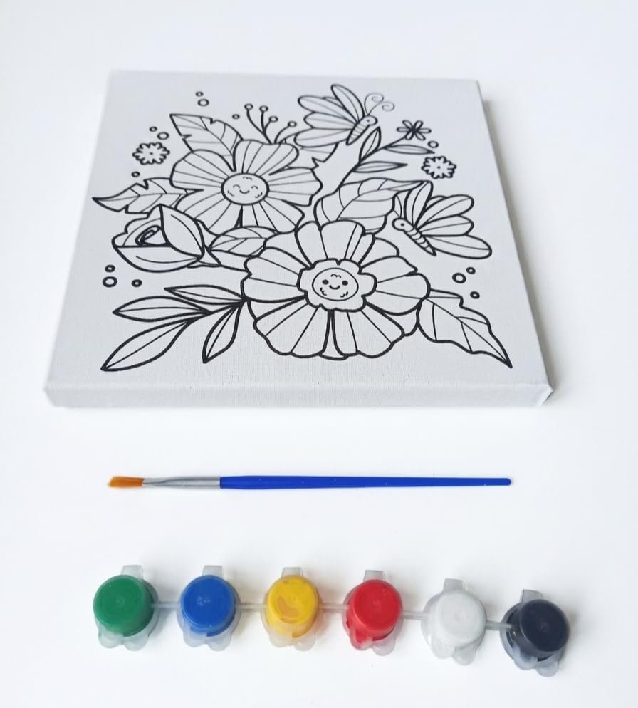 Figürlü Tuval Boyama Seti 20x20 cm – 1 Adet Fırça, 6 Renk Akrilik Boya ve Referans Görselli Hobi & Kendin Yap Boyama Kiti (1, Çiçek Kelebek)