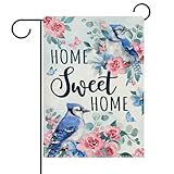 Dyrenson Home Sweet Home Bluebirds Decorative Garden Flag, Blue Jay Flowers Eucalyptus Leaves Yard Outside Home Decorations, Spring Summer Burlap Outdoor Small Decor Double Sided 12 x 18