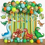 Dinosaur Birthday Party Decorations Supplies Happy Birthday Banner Crepe Paper Green Orange Blue Gold Dino Foil Balloons Garland Arch Kit for Jungle Safari Dinosaur Themed Baby Shower Party Boys Kids