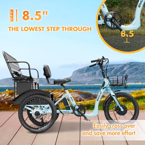 Image of Bull Trail 8.5 inch Low Step Through Electric Tricycle for Adults with Passenger Seat, Long Range Seniors Ebike Trike with Differential, 500W 7 Speed Three Wheel Electric Bike (Full Assembly, Blue)