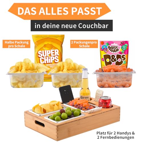 Couchbar Snackbox, Snackspender mit 3X Snackschale, Bambus Sofatablett für Sofa, Deko, Couch Bar mit Getränkehalter, Abnehmbarer Deckel, Snackbox mit Fächern, Couch Organizer Tablett, Sofa Butler