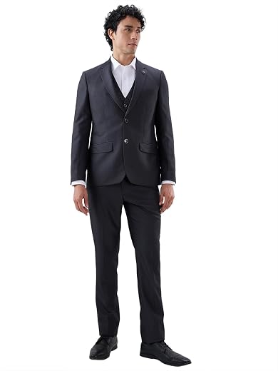 Raymond Men Regular Fit Structure Pattern Poly Rayon Blend Notch Lapel Full Sleeve Ceremonial Suit