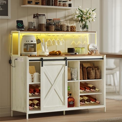 VASAGLE Barschrank Weinschrank mit Steckdosenleiste Sideboard mit sprachgesteuerter LED-Beleuchtung Schiebetüren S-Haken Weinglashalter Flaschenhalter vintageweiß-honigbraun LSC201WJ02