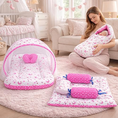 Image of Fareto Combo of Baby Bed with Net | Carry Bag | 4 Pcs Bedding Set (0-6 Months, Baby Size, Cotton) (Pink Moon)