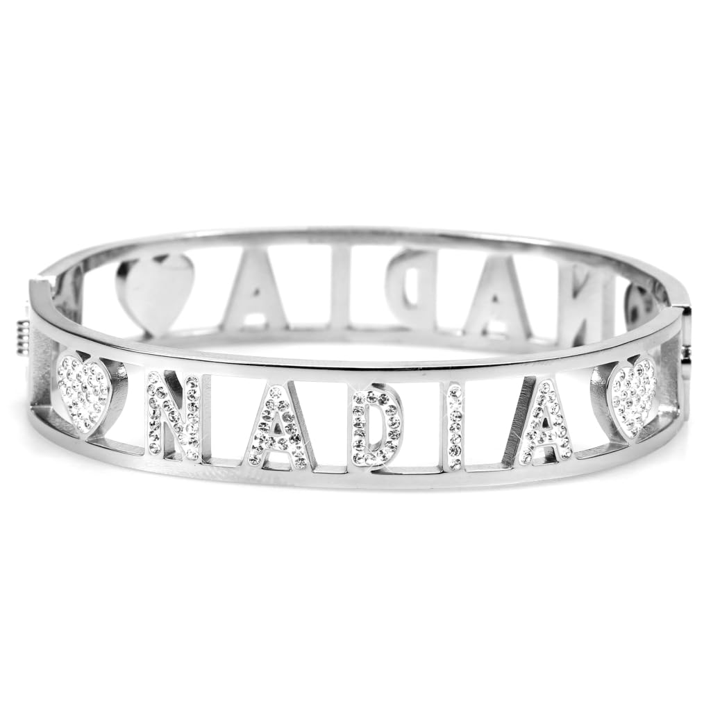 Flowers Bracciale Rigido Acciaio con Nome Vari e Zirconcini Sacchettino in Tessuto Scritta Nome ricoperta di Strass Brillantissimi Bracciale a Manetta Donna Chiusura a Molla Idea Regalo