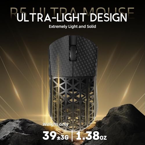 Image of ATTACK SHARK R5 Ultra Wireless Gaming Mouse,Carbon Fiber Shell 39g Superlight,PAW3950MAX Nordic 52840 MCU 8K Polling 42K DPI Optical Sensor,BT /2.4G /USB-C Wired Mice with Coiled Cable-Black&Griptape