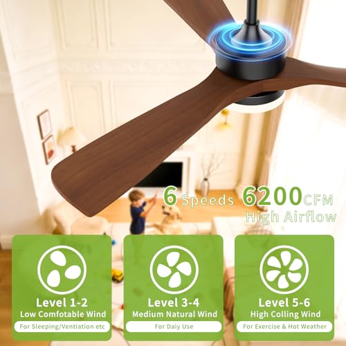 Image of Ceiling Fans with Lights, Solid Wood Blade, 45 W Reversible DC Motor <20 dB Ultra-Quiet for Home Living, 3 CCT, 6 Speeds, 6200 CFM, 52 Inch Suitable for Indoor and Outdoor