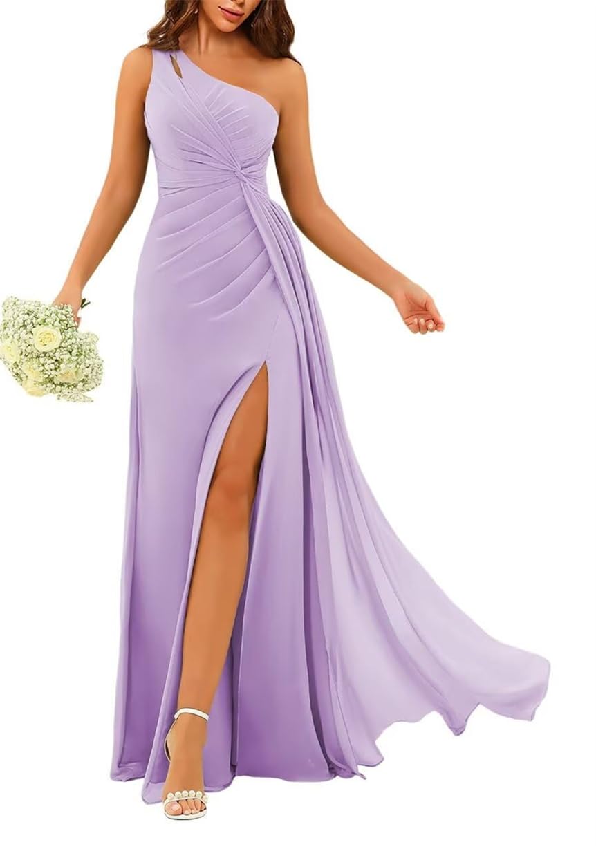 Wseyu Women's Lilac One Shoulder Princess Bridesmaid Dresses Cut Out Twist Prom Dresses Chiffon Formal Evening Party Gown Zm155 Uk10