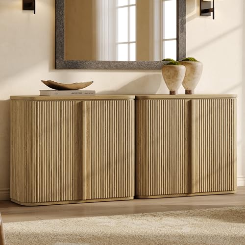 Image of SICOTAS Fluted Sideboard Buffet Cabinet with Storage, Modern Credenza with Solid Wood Handle, Mid-Century Buffet Cabinet Storage Cabinet with Door for Living Room, Entryway