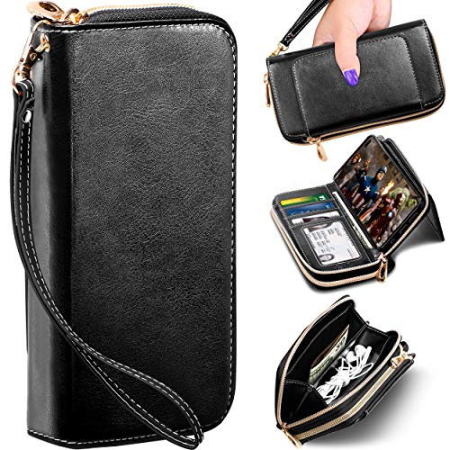 ELV Luxury Handcrafted Purse Series Designed for Samsung Galaxy S10 Plus Case, PU Vegan Leather Wallet Case Cover for Galaxy S10+ (6.4”) with Kickstand, Detachable Phone Case & Card Slots (Black)