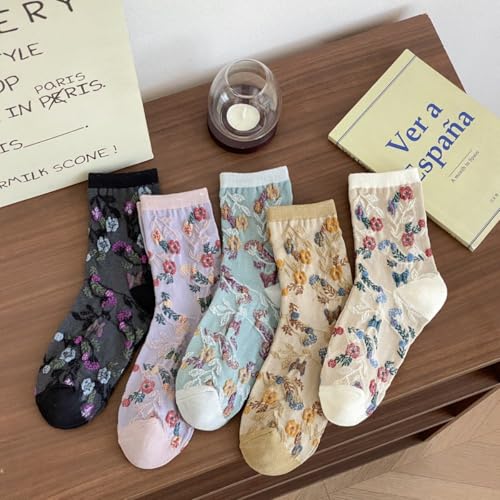 Women's Floral Socks - Vintage Embroidery Mid-Crew Cotton Socks for Spring/Summer Casual Outfits2