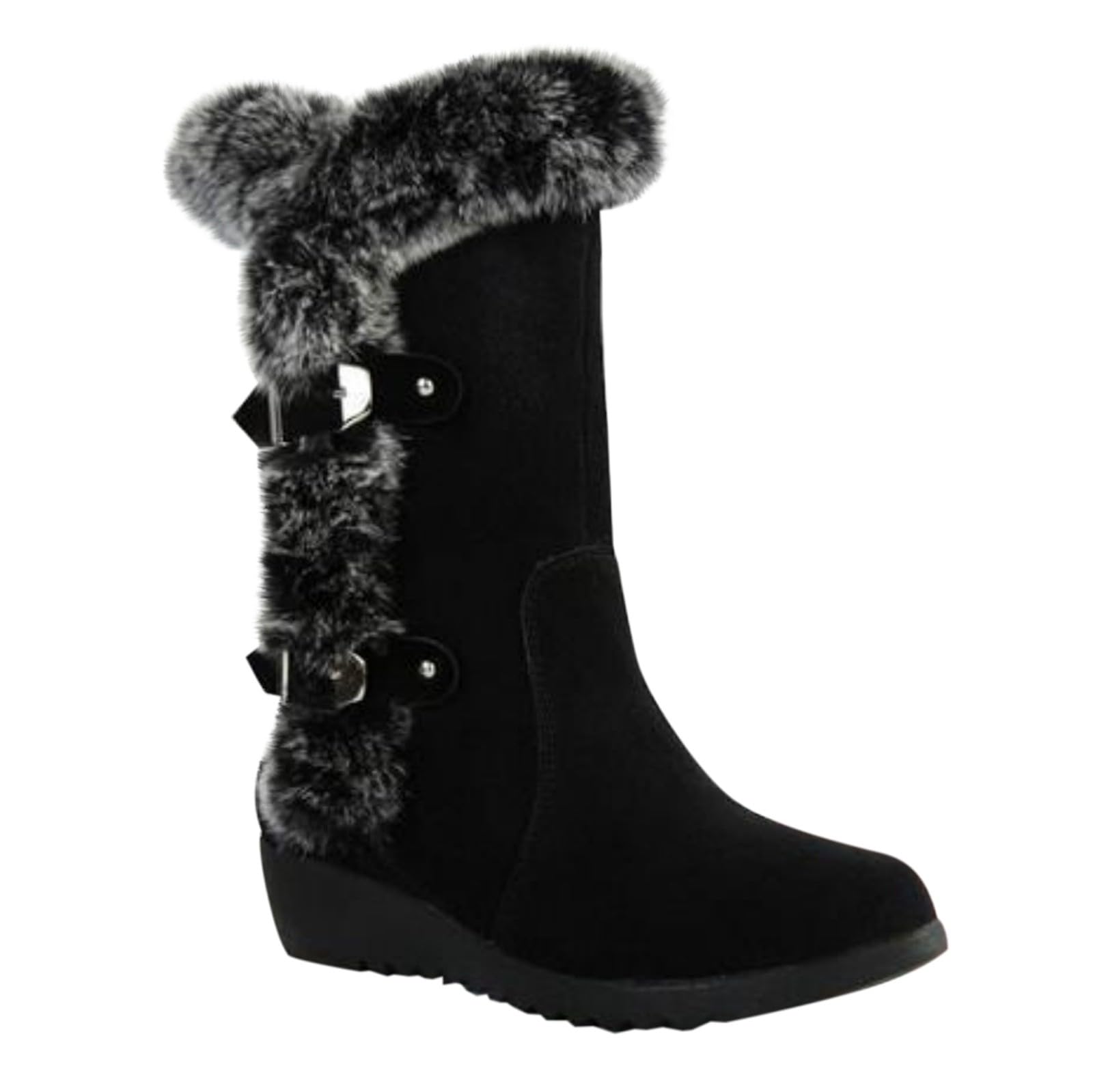Womens Wedge Mid Calf Snow Boots Pointed Toe Thicken Fuzzy Lined Warm Winter Comfortable Booties with Buckle Straps