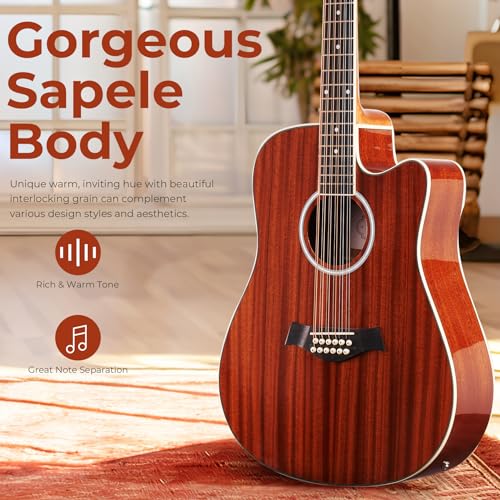 Vangoa VA21CE 12 String Guitar, Twelve String Guitar Acoustic Electric Cutaway Guitar Bundle thumb #1