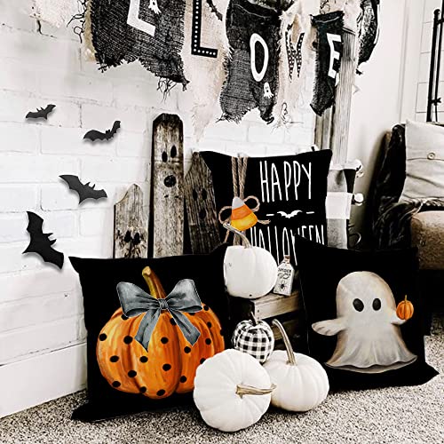 Geeory Halloween Pillow Covers 18X18 Inch Set Of 4 Trick Or Treat Pumpkin Ghost Throw Pillow Covers For Fall Halloween Decorations Halloween Party Pillows Decorative Pillow Covers For Couch Sofa #TOP2