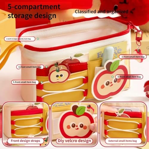 Image of Invite Large Capacity Cute Aesthetic Pencil Case with Multi Compartments, Multi-Pocket Pastel Pen Pouch Organizer with Zipper, Kawaii School Supplies Bag for Girls, Teens & Students (Red Apple M-2)