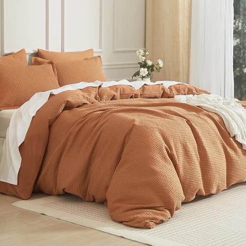 SE SOFTEXLY Waffle Duvet Cover King, 100% Cotton Waffle Weave Bedding Duvet Cover Set, Soft and Breathable Comforter Cover for All Season, 3 Pieces Including Pillow Shams(Terra Cotta, 104”x90”)