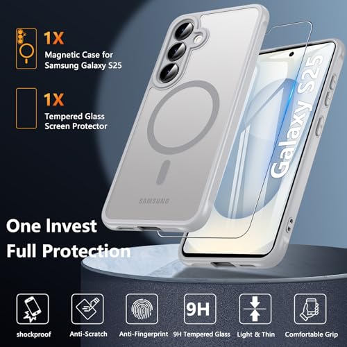 Image of OWKEY Magnetic for Samsung S25 Case, Samsung Galaxy S25 5G Magsafe Case with Screen Protector Protective Shockproof Rugged Military Grade Drop Protection Phone Case for Samsung Galaxy S25 (Gray)