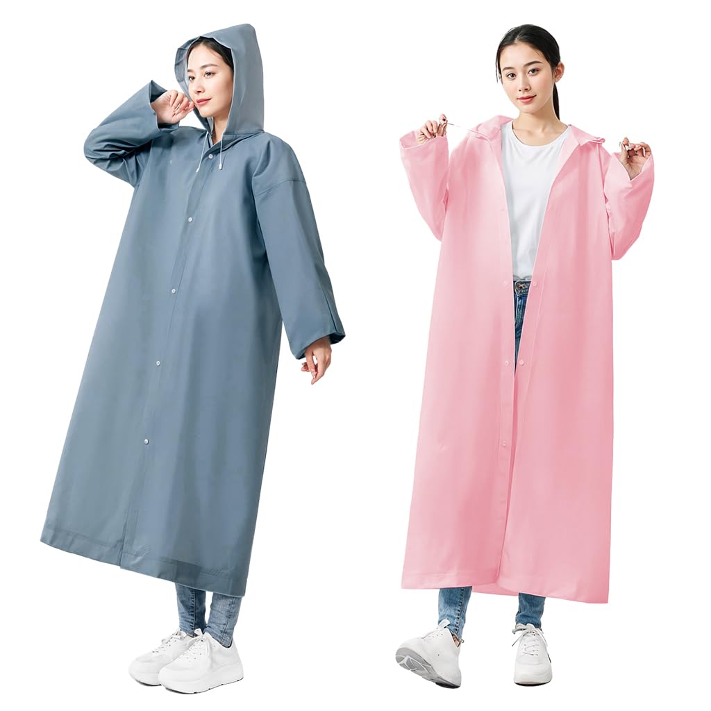 Waterproof Rain Ponchos for Adults (2Pack) Reusable EVA Lightweight Long Raincoat with Hood Button-Up Unisex Rain Coat for Motorcycle Commute, Monsoon Travel & Festivals (Length 120cm)