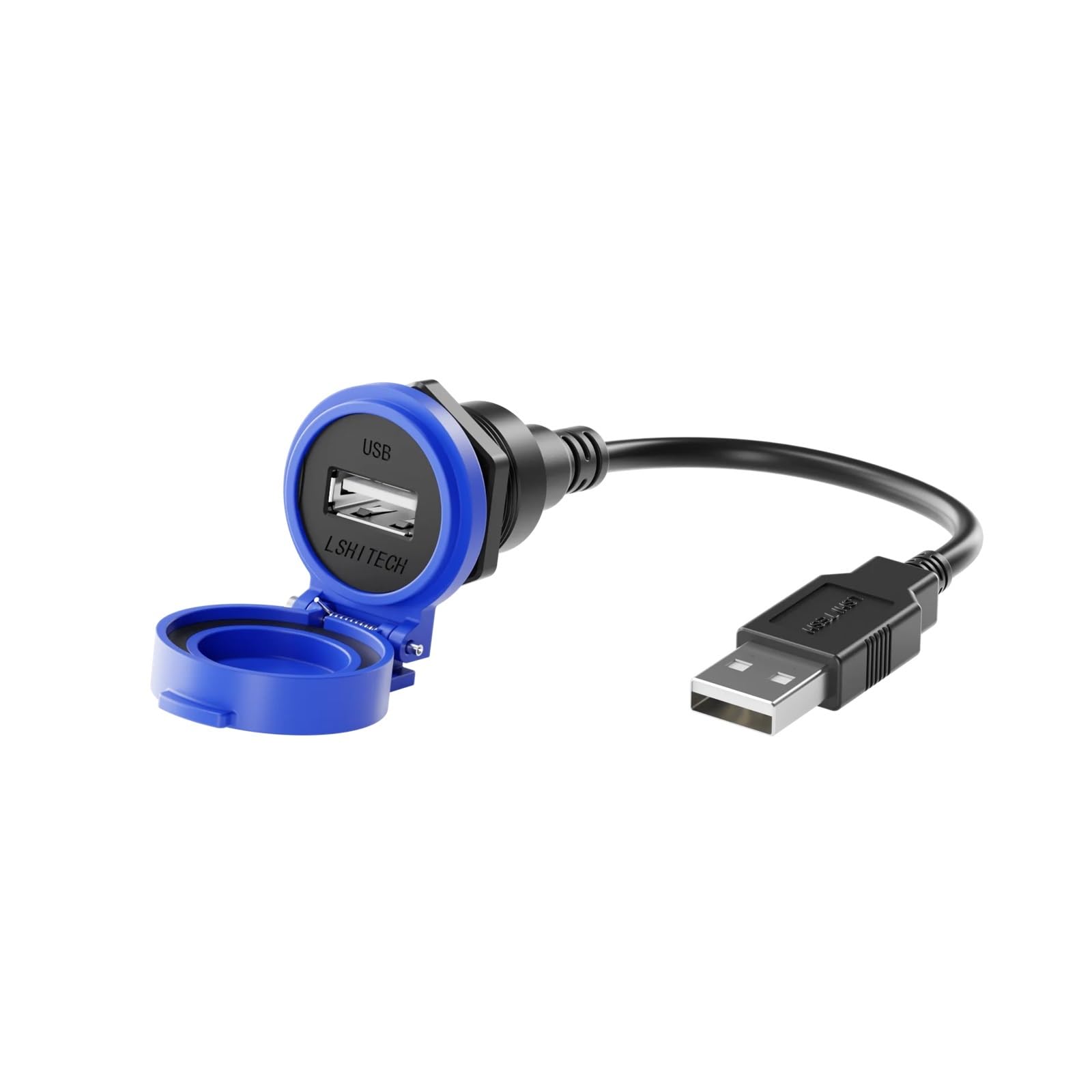 LSHITECH LU22 przemysłowy kabel przedłużający USB 2.0 z automatyczną klapką, 0,1 m, 0,3 m, 0,5 m, 1 m, 1,5 m, 2 m, 3 m, 4 m, wodoszczelny przedłużacz (niebieska nasadka, metalowy rowek, kabel 0,1 m)