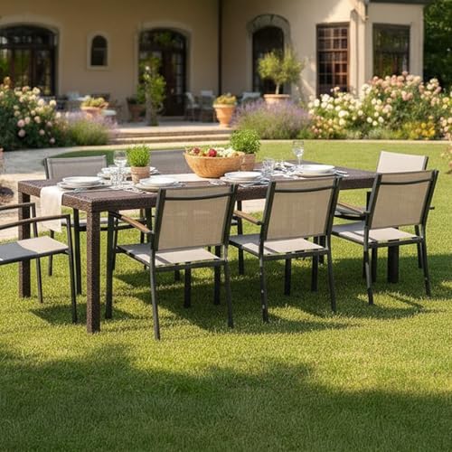 Dmora - Tavolo da esterno Roma, Ripiano rettangolare allungabile da pranzo, Tavolo da giardino estensibile effetto rattan, 100% Made in Italy, 150/220x90h72 cm, Marrone