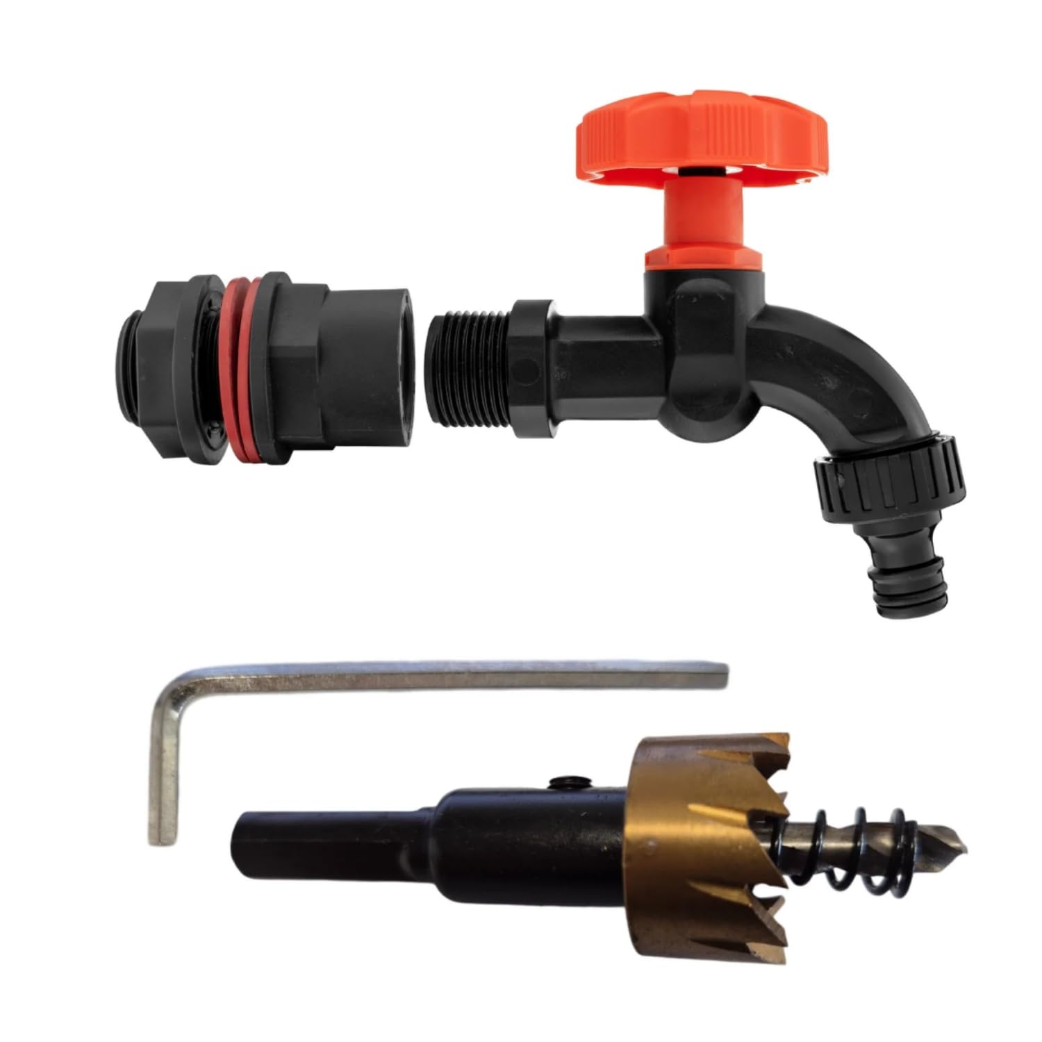 Water Butt Replacement Tap 1/2" Set with Drill bit 21mm Lever Tap Bib Outlet Barb Quick Connecotr Faucet (Plastic Dial Tap (Black))