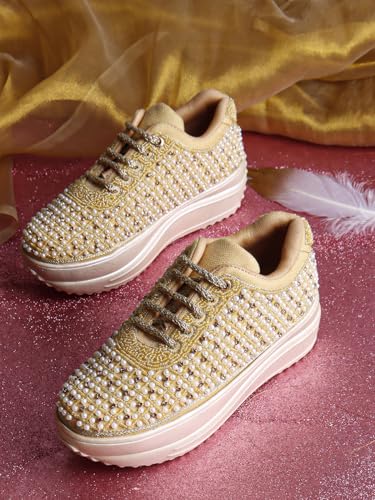 Image of Vendoz Women Hand Embroidery Wedding Party Bridal Floral High Heel Sneakers I Cushioned Insole I Comfortable Wear Wedge Shoes I for Ladies and Girls