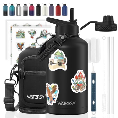 64oz Insulated Water Bottle (Cold for 48 Hrs),BPA Free&Leak Proof,Half Gallon Stainless Steel Water Flask,Water Jug with Straw Spout Lids for Gym,Hiking,Camping,Black