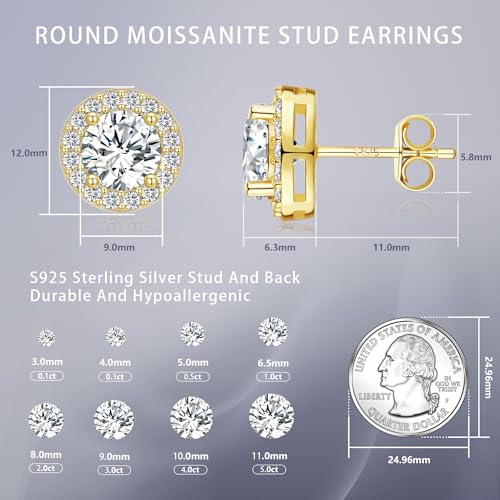 Lyniuoy Moissanite Stud Earrings For Women Men Cubic Zirconia Halo Sparkle Earring 14K Gold Plated 925 Sterling Silver Hypoallergenic Stud Gifts For Women Wife Girlfriend 9.0mm 3.0ct X2 — view 4