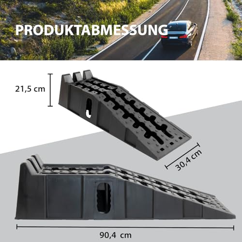 TRUTZHOLM 2 x Auffahrrampe Auffahrkeil mit Überfahrstopper 90 x 30 x 21,5 cm hochbelastbar 5t Traglast Kunststoff Stapelbar für Wohnmbil PKW SUV rutschfeste Rampe für jeden Untergrund schwarz
