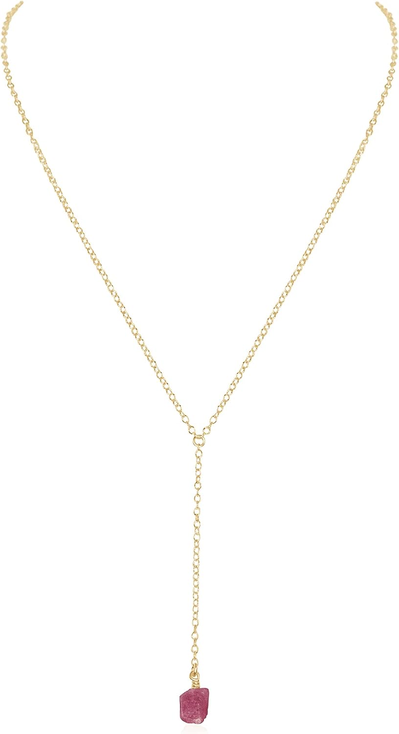Luna Tide Pink Tourmaline Raw Nugget Lariat in 14k Gold Fill