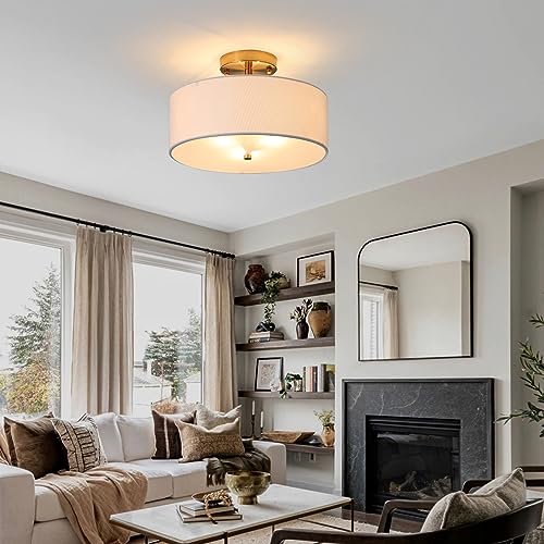 Qlxteltd Semi Flush Mount Ceiling Light Fixture, 3 Light Modern Drum Light With White Fabric Shade, 13" Close To Ceiling Lighting For Living Room, Bedroom, Hallway, Entry, Foyer #TOP1
