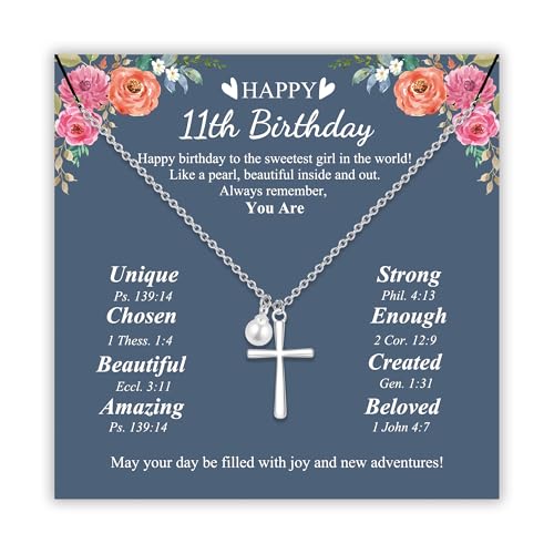 Sereney 11 Year Old Girl Birthday Gifts, Pearl Cross Necklace as Gifts for 11 Year Old Girl, Adjustable Necklaces 11th Birthday Decorations for Girls 11Yr Olds Gift for Daughter Niece Granddaughter