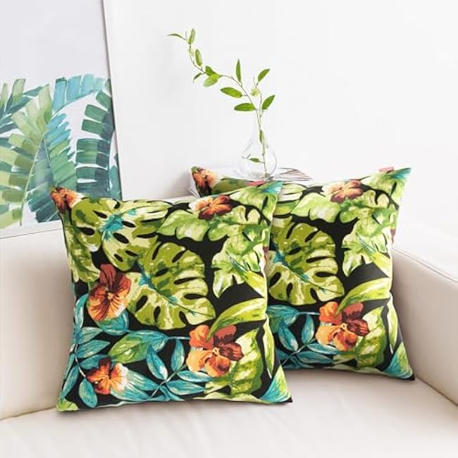 Throw Pillow Covers Set of 2,Outdoor Indoor Waterproof Decorative Patio Throw Pillowcase Shell 18x18 Inch, Square Cushion Case for Couch Sofa Garden Farmhouse Decoration-Tropical Green Leaves