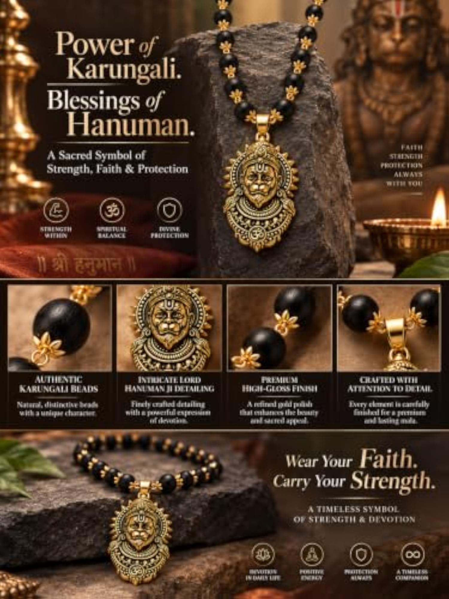 Hanuman Pendant Mala Necklace for Men & Women, Black Beaded