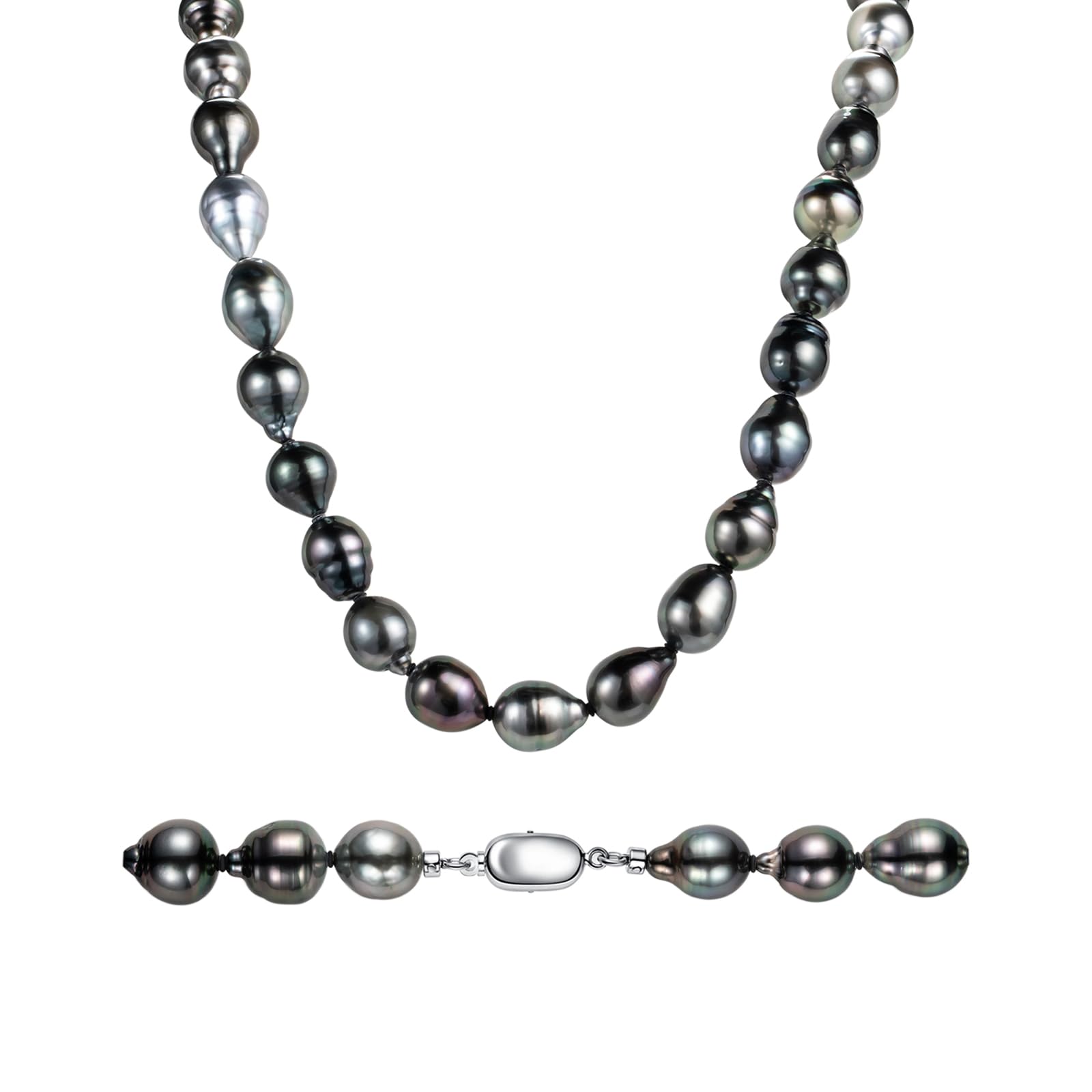 10-11MM Tahitian Black Baroque Pearl Necklace, AAA Quality Handpicked Pear Shape Tahitian Baroque Pearls, 18 White Gold Plated Sterling Silver Clasp,